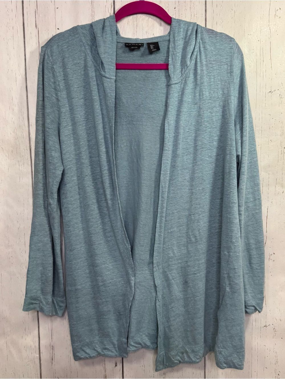 Tahari 100% Linen Open Front Hooded Cardigan Blue L Coastal Grandma Lagenlook